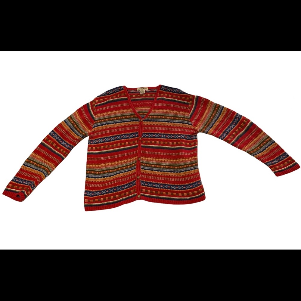 Retro Eddie Bauer knitted Cardigan. Linen mix with red yellow blue colors.